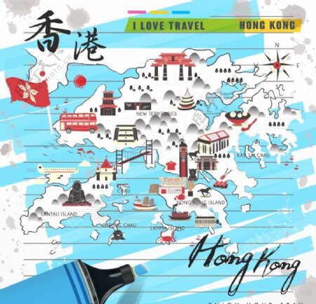 香港旅游手绘地图