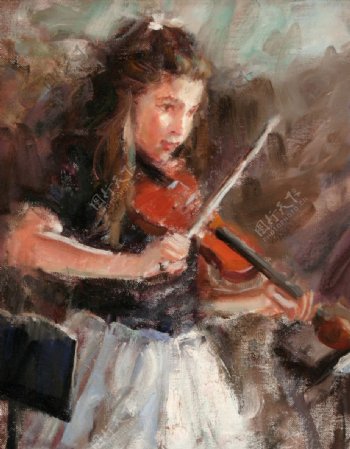 拉小提琴的女孩油画图片素材