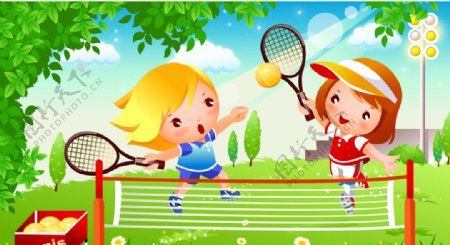 可爱卡通儿童网球运动矢量素材