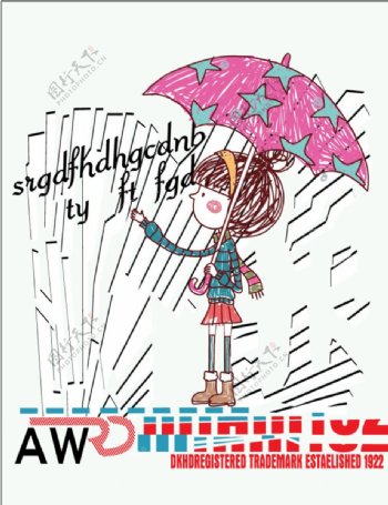 手绘女孩插画带雨伞