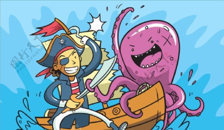 卡通海盗与章鱼大战的插图
