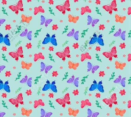 彩色蝴蝶和花朵无缝背景矢量素材