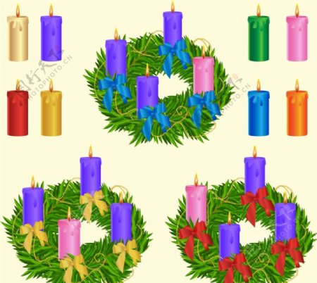 圣诞节装饰植物蜡烛矢量图