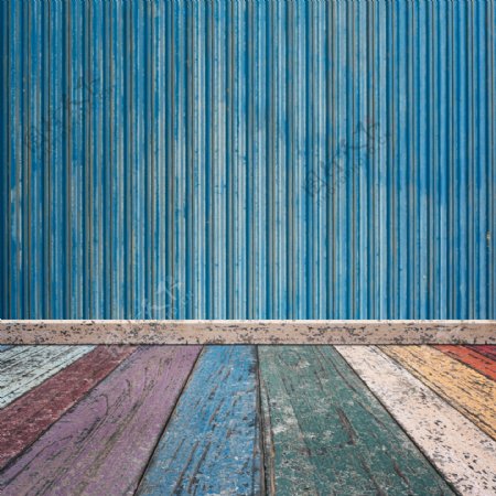 空间彩色木纹地板蓝色木纹墙面