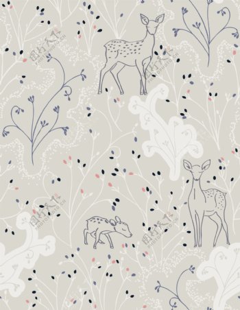 动物插画白描森林中的梅花鹿
