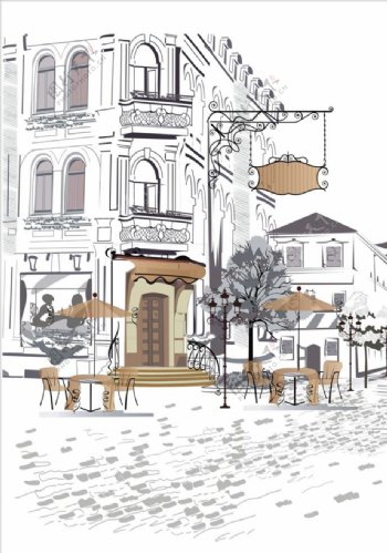 手绘建筑物咖啡厅矢量图下载