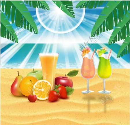 水果鸡尾酒沙滩矢量图