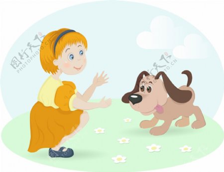 卡通女孩与宠物狗矢量素材