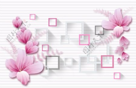 百合玉兰粉色花卉方框条纹