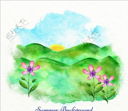 手绘水彩夏季山谷插图