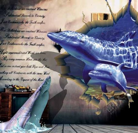 3D立体蓝色鲨鱼背景墙图案