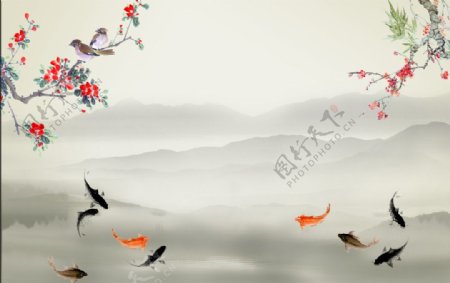 水墨山水花鸟九鱼图中式壁画