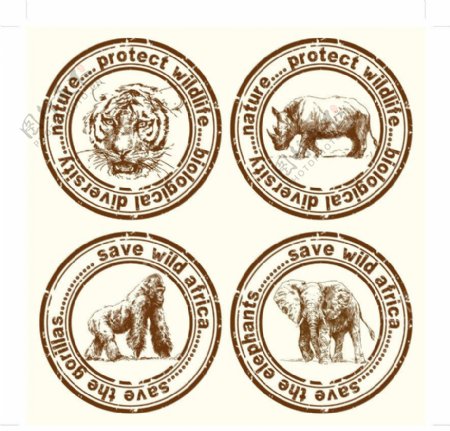 手绘野生动物邮戳标签