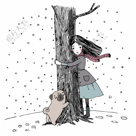 抱着大树的小女孩和小狗手绘矢量
