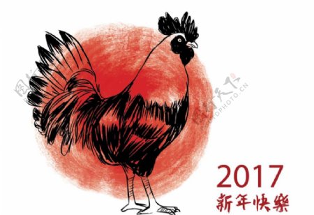 2017新年快乐手绘公鸡