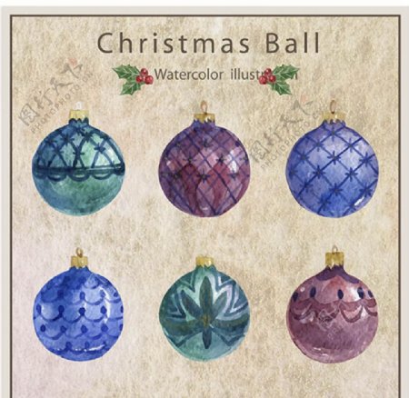 复古六款手绘水彩圣诞装饰球