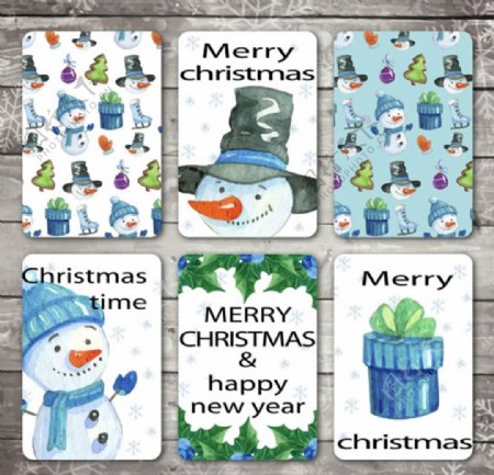 六款手绘水彩雪人圣诞节贺卡