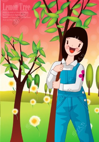 种植树木的矢量卡通女人