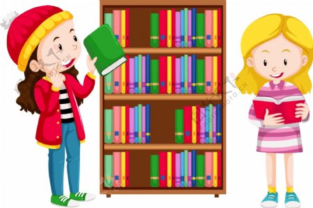 卡通儿童节在书柜边看书的女孩