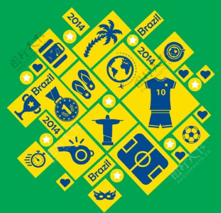 方形巴西世界杯图标背景矢量素材