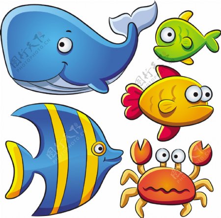 卡通可爱鲸鱼螃蟹丑鱼鱼类