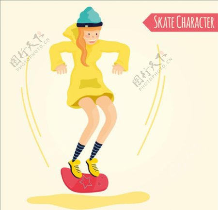 卡通滑滑板的女生海报