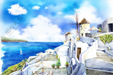 手绘地中海风景