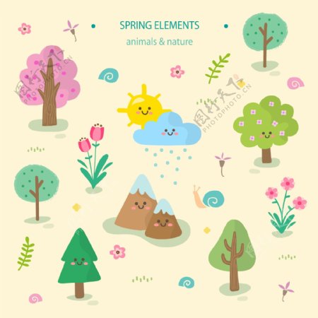 可爱春季树木和蜗牛自然元素矢量