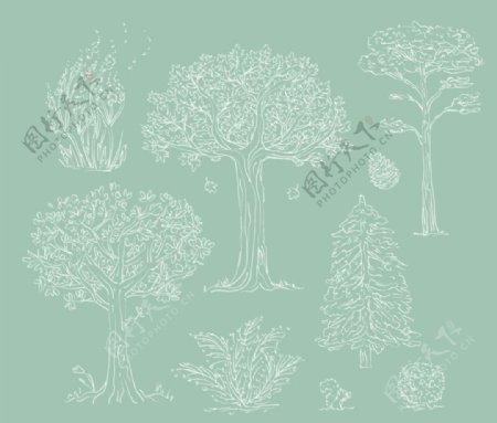 白色手绘树木设计矢量素材