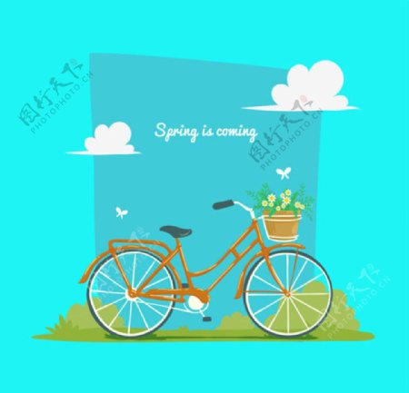 春季自行车花卉插图