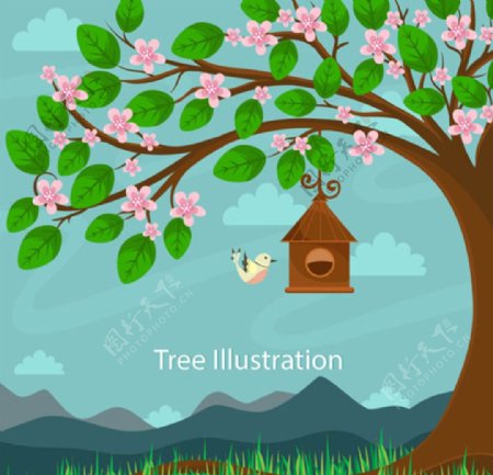 卡通春季花鸟树木海报