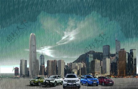 城市汽车雨景