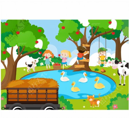 卡通儿童节在池塘边的孩子