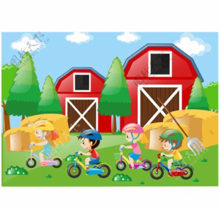卡通儿童节骑自行车的孩子