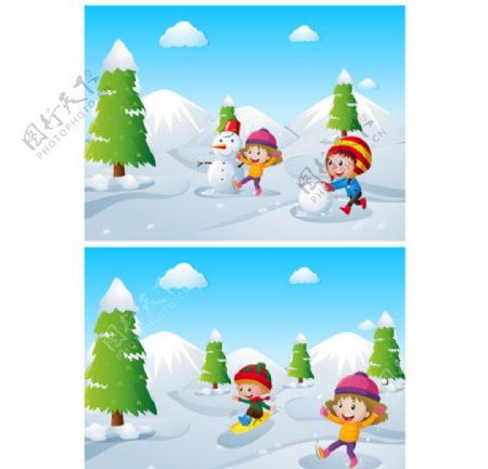 卡通儿童节在雪地上玩耍的孩子