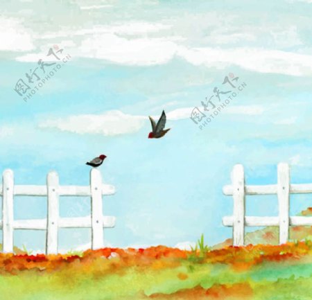 手绘水彩春天里的栅栏与小鸟
