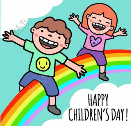 儿童节彩虹上的孩子海报