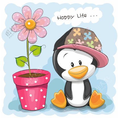 可爱卡通企鹅花卉儿童房壁纸