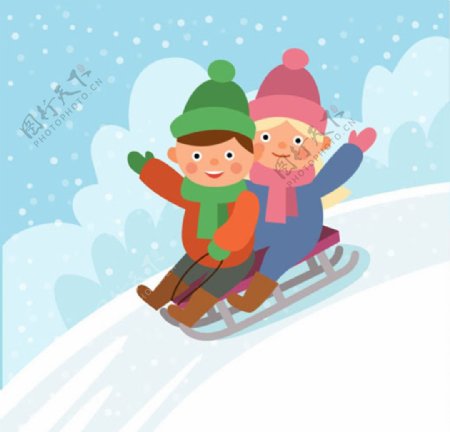 卡通儿童节玩雪撬车的男孩