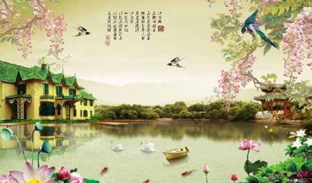 江南山水画背景墙
