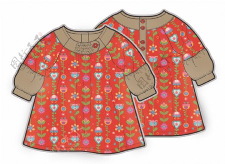 红色花朵小女孩服装设计秋冬彩色原稿