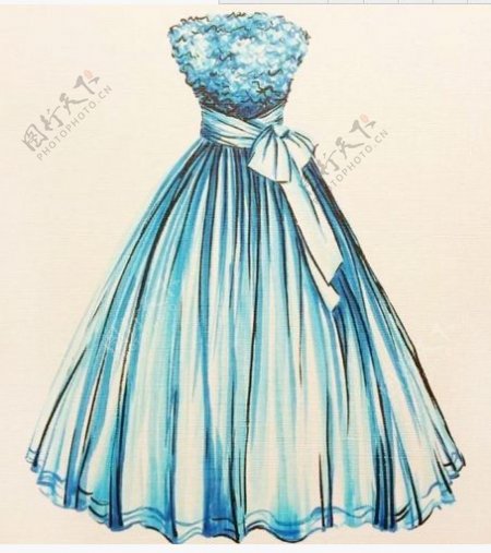 蓝色蝴蝶结抹胸裙设计图