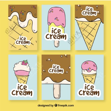 六个手绘美味冰淇淋卡片