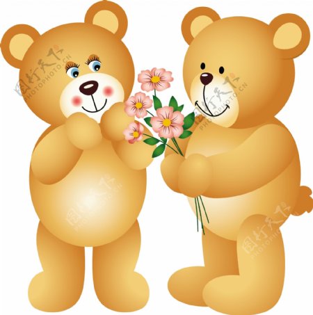 两只拿着鲜花的小熊