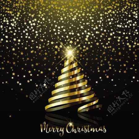 圣诞背景金色纸屑和丝带的树