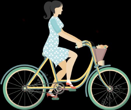 蓝衣女骑自行车插画免抠png透明图层素材