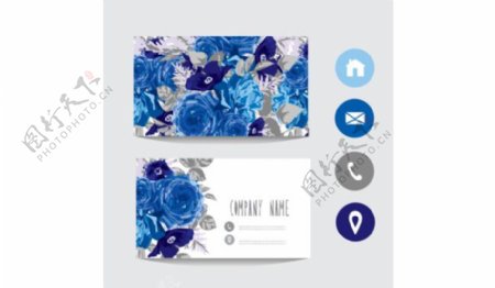 蓝花卉名片模板与社会图标矢量