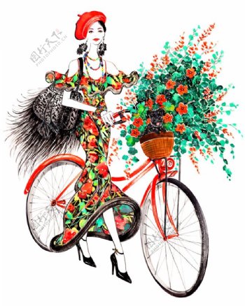 花朵长裙自行车图片