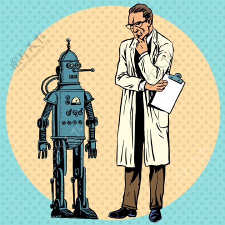 科学家和机器人插画