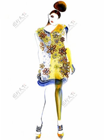 黄色花朵连衣裙设计图